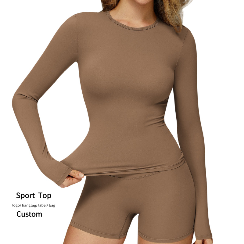 Low MOQ Women Sports Wear Compression Shirt Long Sleeve Crew Neck Skinny Yoga Top Soft Quick Dry High Quality Fitness Tee