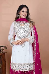 Elégant Travail de Broderie Lourde Manches Longues 5mm Séquence Micro Coton Plazzo Dupatta Top pour Fête Faux Georgette Salwar Kameez - Product Image 4