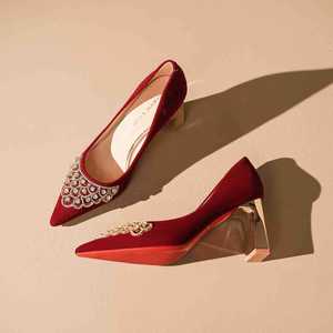 Chaussures à talons pointus en velours avec décoration en cristal, chaussures de fête de mariage, taille 35 36 37 38 39 40 - Product Image 1