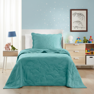 Lindo Juego <span class=keywords><strong>de</strong></span> Cubrecamas Moderno y Duradero con Estampado <span class=keywords><strong>de</strong></span> <span class=keywords><strong>Dinosaurios</strong></span> en Color Verde Azulado, Cubrecama <span class=keywords><strong>de</strong></span> Microfibra Ultra Suave para Niños con Borde Ondulado - Product Image 2
