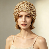 Nuevo gorro de malla calado de ganchillo con lentejuelas, tejido a mano con hilo de algodón, estilo moderno para la calle, tipo gorro de red de pesca