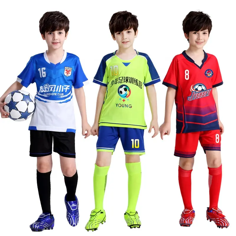 Conjunto de camisa de futebol infantil, uniforme de futebol respirável personalizado para meninos