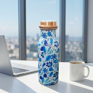 Botella de agua de cobre con diseño floral azul y tapa de cobre, portátil para uso en la oficina. - Product Image 1