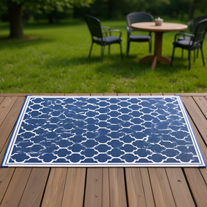 Tapis d'extérieur réversible Db 9x18 bleu et blanc en paille plastique pour terrasse et jardin - Product Image 2