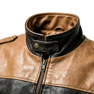 Blouson aviateur en cuir véritable pour homme, style motard, col montant, fermeture éclair, couleur unie, coupe classique, automne - Product Image 2