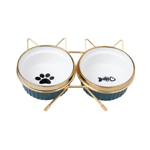 <b>Cat</b> Bowl Double <b>Feeder</b> Elevated Neck Support For <b>Cats</b> With Food And Water Dish Green Gold Trim - Product Image 5