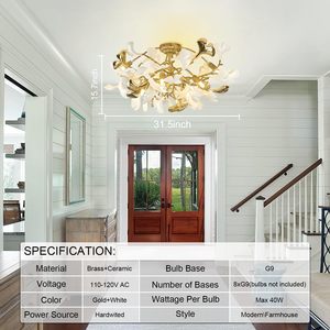 Moderner Ast-Kronleuchter aus Messing mit Keramik-Ginkgoblättern, goldener Kronleuchter, Deckenleuchte für Schlafzimmer, Wohnzimmer, Esszimmer, Küche - Product Image 5