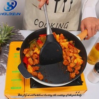 Spatule de cuisine noire résistante à la chaleur avec logo personnalisé, spatule en silicone pour wok avec revêtement en bois, manche en acier inoxydable