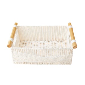 Panier de rangement rectangulaire en corde de coton tressée blanche avec poignée en bois, organisateur pour la maison et le bureau, type sur pied - Product Image 5