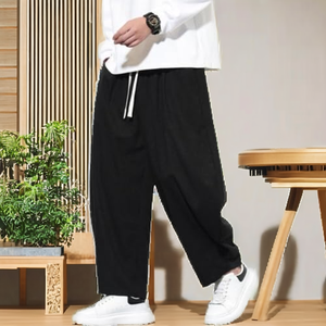 Men's Casual Eco-Friendly Japan Style Polyester/Cotton Corduroy Embroidered Logo Drawstring Loose Elastic Waist <b>Pocket</b> Trousers - Product Image 2