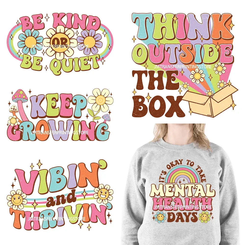 Retro Keep Growing Chasing It's Okay To Take Mental Health Day Inspirational Thinking Quotes DTF Transfer Stickers For Clothes