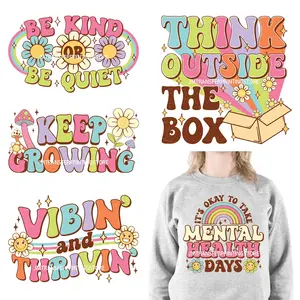 Retro Keep Growing Chasing Está bien tomar el día de la salud mental Citas de pensamiento inspiradoras Pegatinas de transferencia DTF para ropa - Product Image 1