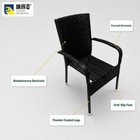 Fauteuil en rotin noir PE pour extérieur, dossier haut, accoudoirs courbes