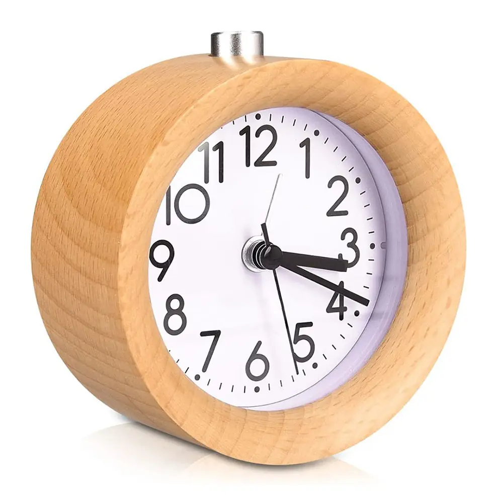 Solid Wood Small Quartz Desktop Clock Magical Round Wooden Alarm Clock