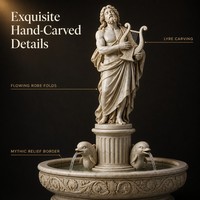 Fontaine décorative en marbre de style grec classique, statue d'Apollon avec lyre, fontaine d'eau extérieure, dauphin, pour hôtel, villa, parc, place publique