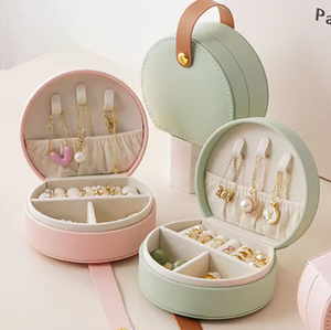 <b>Mini</b> Half portable round jewelry <b>box</b> soft pu leather lined travel jewelry <b>storage</b> case rings necklaces earrings holder <b>mini</b> cute - Product Image 2