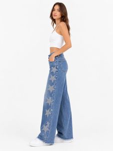 Jean en denim taille haute à jambe large avec imprimé étoiles scintillantes, coupe ample, longueur intégrale, en coton délavé, style décontracté - Product Image 2