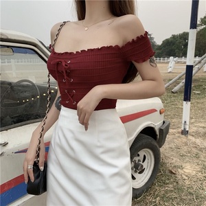 <span class=keywords><strong>Camicetta</strong></span> lavorata a maglia a maniche corte elegante da donna con <span class=keywords><strong>spalle</strong></span> <span class=keywords><strong>scoperte</strong></span> estive all'ingrosso top monospalla da donna - Product Image 3