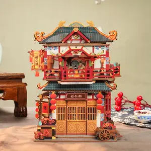 Tonecheer mainan rumah miniatur, restoran kuno Puzzle 3D penyimpanan Desktop kayu kuno Cina