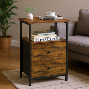 Mesa Auxiliar Industrial Moderna con Tapa de Madera Marrón Rústica, Estructura de Hierro y Cajón de Almacenamiento, Mueble para Sala de Estar - Product Image 2