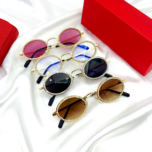 Lunettes de vue rondes dorées de luxe, monture entièrement sertie de strass, verres anti-reflets pour femmes, style décontracté pour adultes, boîte incluse - Product Image 3