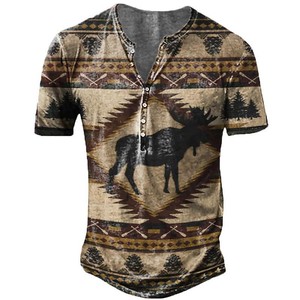 <span class=keywords><strong>T</strong></span>-Shirt da Uomo Personalizzate in Poliestere con Stampa Tribale Stile Vintage Azteco, Manica Corta, Collo Henley, Vendita all'Ingrosso Economica - Product Image 4
