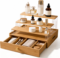 Organisateur de comptoir de salle de bain en bambou avec tiroir, étagère de rangement 3 niveaux en acrylique pour maquillage et soins de la peau, pour comptoir de vanité