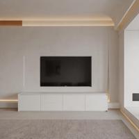 Meuble TV sans poignée, minimaliste, contemporain, bois naturel beige, hall d'hôtel, style scandinave