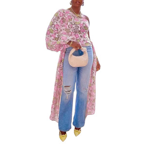 เสื้อยืดแฟชั่นผู้หญิงพิมพ์ลายดอกไม้ แขนระบายข้างเดียวผูกโบว์ - Product Image 1