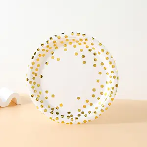 Fiestas de cumpleaños Platos de papel blancos y dorados Platos de papel desechables de lunares de 7 pulgadas Platos de suministros de fiesta de puntos dorados
