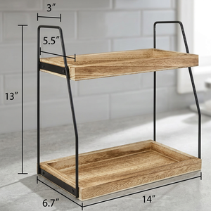 Double Tier Wood <b>Storage</b> <b>Rack</b> 14x6.7x13 Inch Rectangular <b>Kitchen</b> Counter Organizer Minimalist Style Durable Stand Type - Product Image 2
