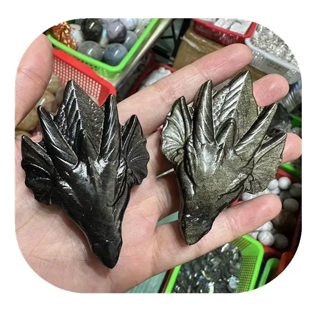 卸売天然クリスタル動物彫刻ドラゴン渇望クリスタルゴールデン黒曜石ドラゴンヘッドギフト用