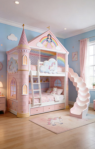 Letto a Castello <span class=keywords><strong>Unicorno</strong></span> Stile Principessa Francese Rosa, Letto Matrimoniale Madre-Figlia con Scivolo e Contenitore per Ragazze, Multifunzionale - Product Image 5