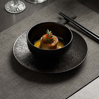 Service de vaisselle en céramique texturée noir et blanc, ensemble bol, soucoupe et cuillère pour riz, desserts, restauration à domicile, fêtes et repas quotidiens