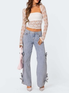 Pantalones vaqueros cargo azul claro para mujer al por mayor con lazos de cinta, de tiro bajo y pierna ancha, estilo coquette Y2K, <span class=keywords><strong>jeans</strong></span> streetwear - Product Image 2