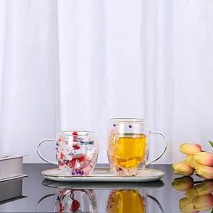 Цветочная двойная стеклянная чашка с двойной стенкой прозрачная стеклянная кофейная кружка креативная прозрачная стеклянная чашка с ручкой для капучино латте