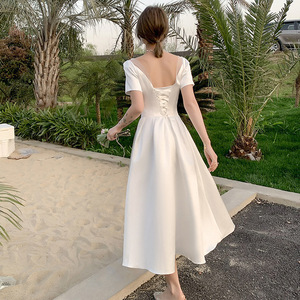 Satin Wedding Dress A-Line Sweetheart Neckline Natural Waist Splicing Simple Style White Gown For Travel Photography - Product Image 3