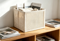 Cube de rangement moderne en bambou tressé avec bordure en lin, pliable, grande capacité, pour placard, armoire, jouets, vêtements, articles divers, maison