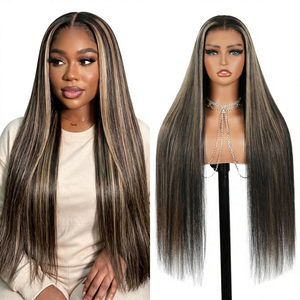 Peluca de encaje frontal sin pegamento 6x5 de 20 pulgadas, pre-arrancada, pre-cortada, 220% de densidad, con reflejos decolorados, lisa, <span class=keywords><strong>balayage</strong></span> natural - Product Image 1