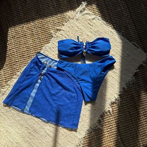 Conjunto de bikini de 3 piezas para mujer al por mayor, con decoración metálica, top bandeau, falda de malla para cubrir el traje de baño, ropa de playa - Product Image 4