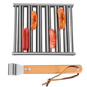 New BBQ Tool Hot Dog Stainless Steel Roller Rack Outdoors Hot Dog Sausage Roller With Extra Long Wood Handle