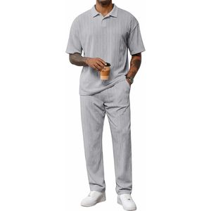 FOXA Mens Polo <b>Set</b> Short Sleeve Textured Pants Casual Summer Breathable 100% Polyester <b>Knitted</b> Outfit - Product Image 1