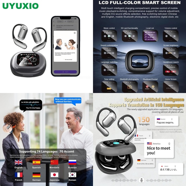 Wireless Translator Earbuds AI Powered Multi Language Translating Interactive Smart Screen Active Voice Sync Tech OWS Open