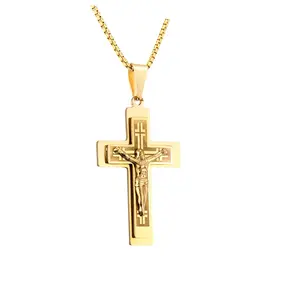Hiphop Christian Religiöser Schmuck Runde Box Kette Katholischer Edelstahl Jesus Kreuz Anhänger Männer Halskette