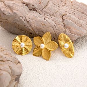 <b>Stud</b> Earrings Flower Shape <b>Titanium</b> Steel Gold Plated Pearl Inlay Party Jewelry Women's Fashion Accessories - Product Image 1