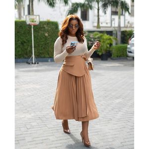 ZHEZHE femmes été nouvelle mode taille haute Design sens une ligne plissée <span class=keywords><strong>mi</strong></span>-<span class=keywords><strong>longue</strong></span> <span class=keywords><strong>jupe</strong></span> mode femmes carrière robe - Product Image 2