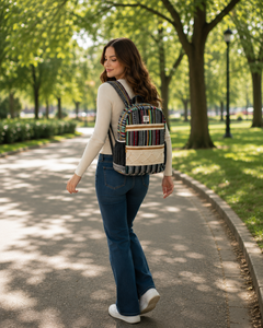 Mochila de panel tejido multicolor con bolsillo frontal con cremallera y correas de hombro ajustables para mujer, bolsos de mano para viaje. - Product Image 4
