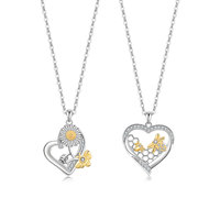 Collier Cœur en Argent 925 Plaqué Or Bicolore avec Pendentif Abeille Tournesol Nid d'Abeille, Bijoux Fins pour Femme, Idéal Cadeau