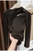 Diseño de manga larga de punto de lana para mujer Otoño Invierno bufanda cuello fuera del hombro capa base superior