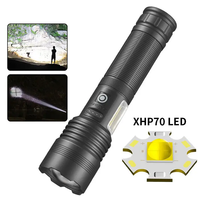 Linterna táctica XHP70 LED, linterna de trabajo COB lateral roja y blanca, linterna telescópica con Zoom, linterna LED recargable